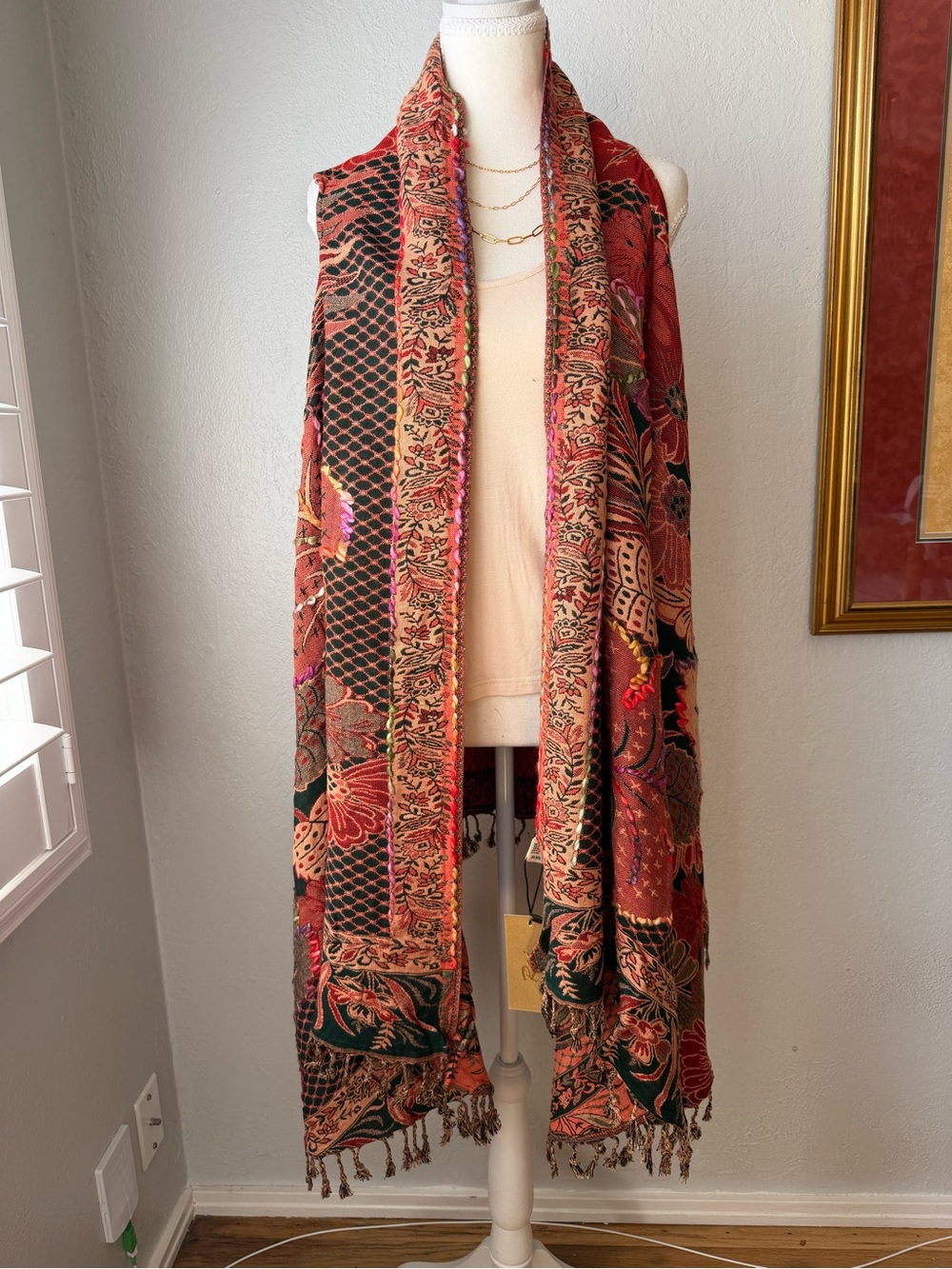 55-Raj Red Green Beige Woven Rayon Fringe  Embroidered Kimono Vest One Size